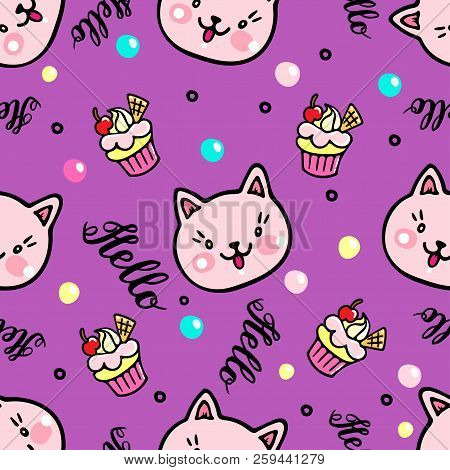 Vector Seamless Pattern With Kittens And Muffins. Hello Lettering