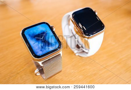 Strasbourg, France - Sep 21, 2018: Apple Store The New Latest Gold Apple Watch Series 4 Wearable Per