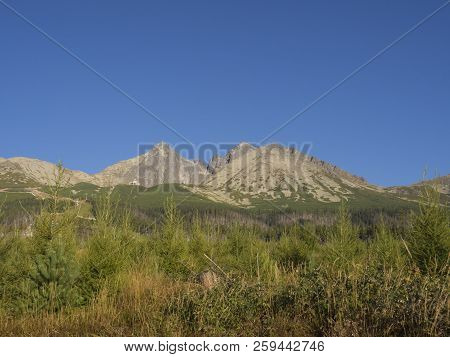 Tatra Mountains Range Gold Colored Sunrise Light , From Tatranska Lomnice With Green Trees And Grass