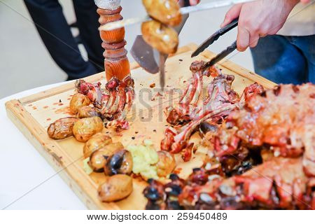 Roasted Meat Over An Open Fire, Cooked In A Special Way.barbecue Is Prepared Of Lamb Or Sheep Meat A