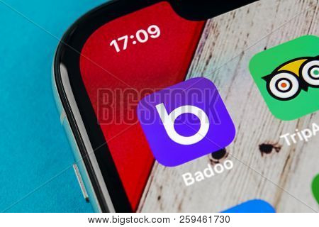 Sankt-petersburg, Russia, September 19, 2018: Badoo Application Icon On Apple Iphone X Screen Close-