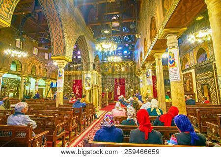 Cairo, Egypt - December 23, 2017: The Central Nave Of The Hanging Church With Medieval Decorated Ico