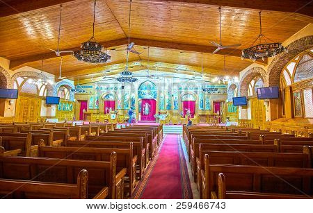 Cairo, Egypt - December 23, 2017: The Modern Prayer Hall Of St Barbara Church With Huge Windows And 