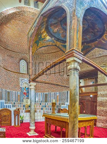 Cairo, Egypt - December 23, 2017: The Wooden Ciborium With Painted Cupola Over The Altar In Sanctuar
