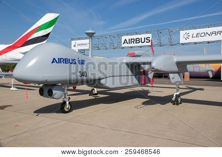 Berlin, Germany - Apr 27, 2018: Airbus Reconnaissance Uav Iai Eitan Steadfast Drone On Display At Th