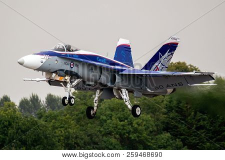 Fairford, Uk - Jul 13, 2018: Canadian Air Force F-18 Hornet Fighter Jet Landing On Raf Fairford Airb