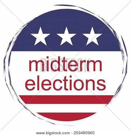 Usa Politics News Badge: Midterm Elections Button With Us Flag, Illustration, White Background