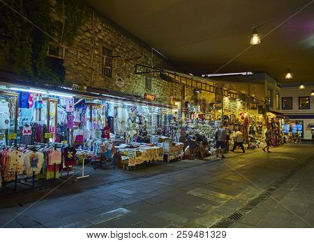 Bodrum, Turkey - July 5, 2018. Tourists Do Shopping In The Streets Of Bodrum Downtown Bazaar. Mugla 