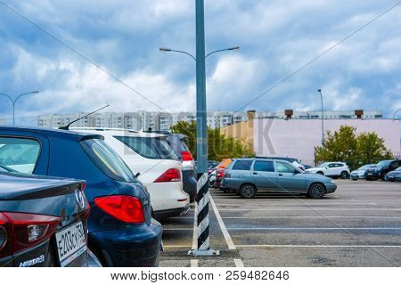 Moscow, Russia - September, 20, 2018: Cars on a parking on a park-and-ride parking near Annino metro station in Moscow, Russia