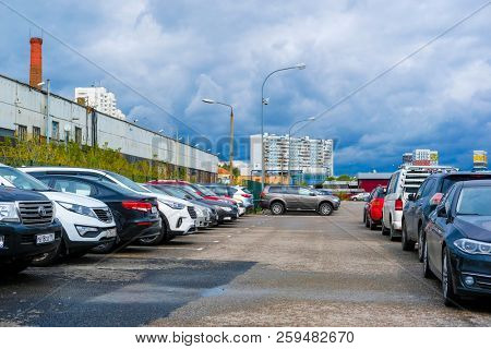 Moscow, Russia - September, 20, 2018: Cars on a parking on a park-and-ride parking near Annino metro station in Moscow, Russia