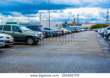Moscow, Russia - September, 20, 2018: Cars on a parking on a park-and-ride parking near Annino metro station in Moscow, Russia