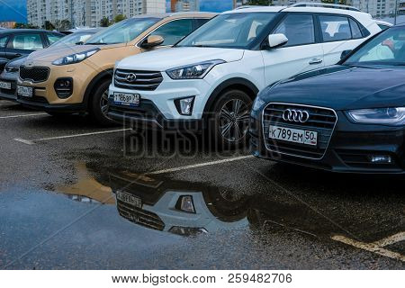 Moscow, Russia - September, 20, 2018: Cars on a parking on a park-and-ride parking near Annino metro station in Moscow, Russia