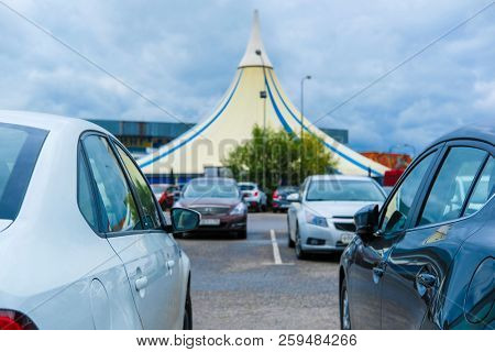 Moscow, Russia - September, 20, 2018: Cars on a parking on a park-and-ride parking near Annino metro station in Moscow, Russia