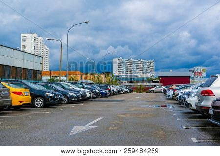 Moscow, Russia - September, 20, 2018: Cars on a parking on a park-and-ride parking near Annino metro station in Moscow, Russia