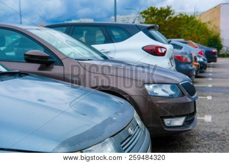 Moscow, Russia - September, 20, 2018: Cars on a parking on a park-and-ride parking near Annino metro station in Moscow, Russia