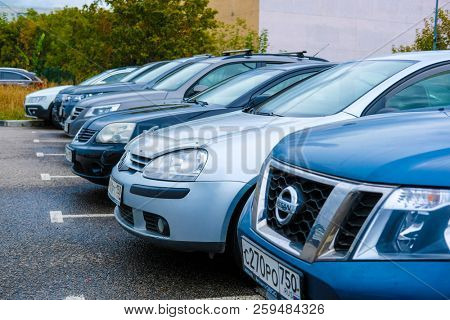 Moscow, Russia - September, 20, 2018: Cars on a parking on a park-and-ride parking near Annino metro station in Moscow, Russia