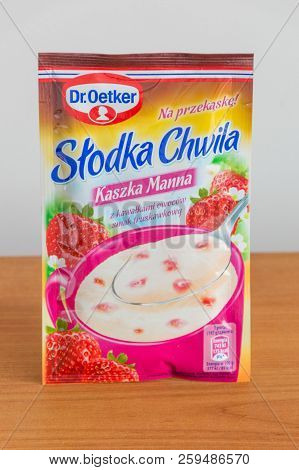 Pruszcz Gdanski, Poland - September 16, 2018: Dr. Oekter Instant Semolina Pudding With Strawberry.
