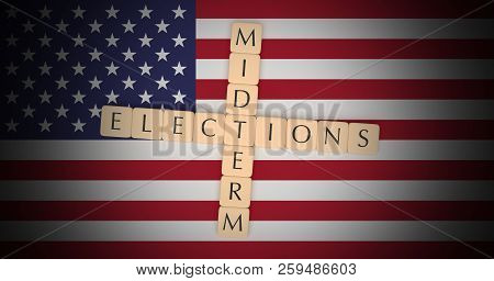 Us Politics News Concept: Letter Tiles Midterm Elections On Usa Flag, 3d Illustration