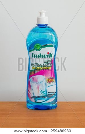 Pruszcz Gdanski, Poland - September 18, 2018: Bottle Of Ludwik Shining Liquid For Dishwasher.