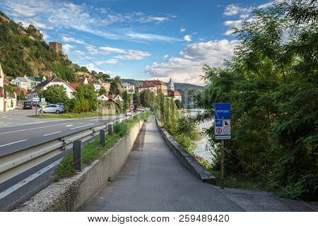 Duernstein, Austria - July 8, 2018. View Of The Embankment Of The River Danube And The Medieval Mona