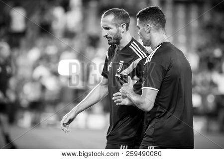 VALENCIA, SPAIN - SETEMBER 19: Chiellini (L) and Ronaldo during UEFA Champions League match between Valencia CF and Juventus at Mestalla Stadium on September 19, 2018 in Valencia, Spain