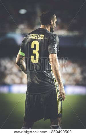 VALENCIA, SPAIN - SETEMBER 19: Chiellini during UEFA Champions League match between Valencia CF and Juventus at Mestalla Stadium on September 19, 2018 in Valencia, Spain