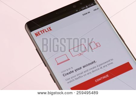 New York, Usa - September 21, 2018: Create Account In Netflix On Smartphone Screen Background Close 