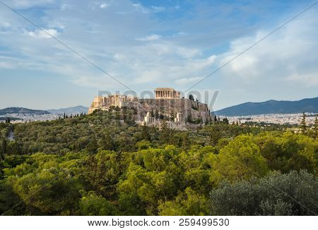 Acropolis with Parthenon and the Herodion theatre. View from the hill of Philopappou, Athens, Greece.