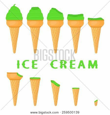 Vector Illustration For Natural Pistachio Ice Cream On Waffle Cone. Ice Cream Pattern Consisting Of 