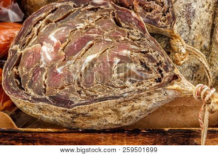 Closeup, Assorted Different Kinds Of Meat: Salami, Sausages, Smoked Meat.
