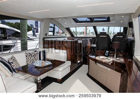 NORWALK, CT, USA- SEPTEMBER 20, 2018: Fairline Squadron 53 displayed on  Progressive Norwalk Boat Show 2018.