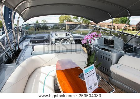 NORWALK, CT, USA-SEPTEMBER 20, 2018: Riva Virtus displayed by Allied Marine on  Progressive Norwalk Boat Show 2018.