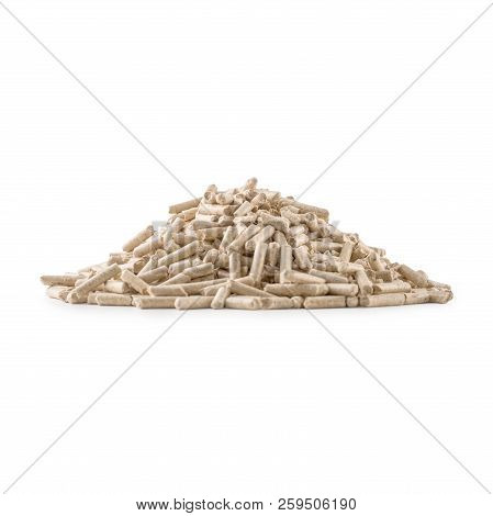 Wooden Pressed Pellets From Biomass On A White Isolated Background.