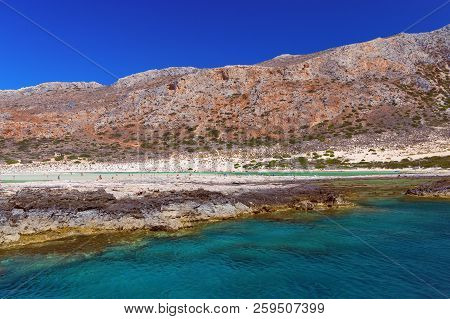 View From Hight  Of Balos Beach. Grecce, Crete, Europe. Blue Lagoon. Beautiful Seascape.