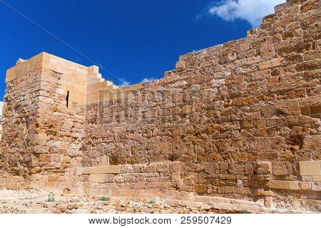 Restored Old Chipiona Wall In Chania, Crete. Landmark, Historical Place Of Chania. Part Of A Brick B