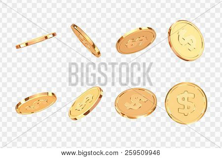 Golden Coins. Realistic Gold Money Isolated On A Transparent Background