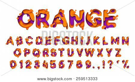 Alphabet Colors Orange And Lilac. Paper Cut Letter. Fluid Typeface, Texture Style Papercut.