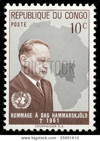 CONGO - CIRCA 1961: Francobollo stampato dal Congo spettacoli francobollo commemorativo - la morte di Dag Hammarskjol