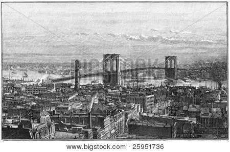 New York City, Usa ca. 1883: Brooklyn Bridge New York seitlich gesehen. Gravur von harp