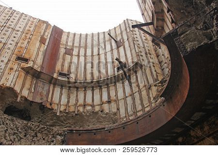 Abandoned Nuclear Power Plant. Russia, The Crimea, Shelkino. Abandoned Construction, Iron Background
