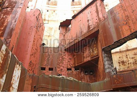 Abandoned Nuclear Power Plant. Russia, The Crimea, Shelkino. Abandoned Construction, Iron Background