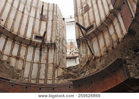 Abandoned Nuclear Power Plant. Russia, The Crimea, Shelkino. Abandoned Construction, Iron Background