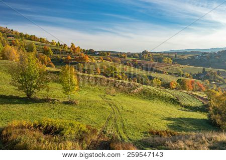 Fall In Slovakia. Meadows And Fields Landscape Near Hrinova. Autumn Color Trees At Sunrise.