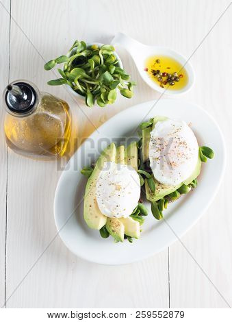 Avocado Toast, Cherry Tomato On Wooden Background. Breakfast With Toast Avocado, Vegetarian Food, He