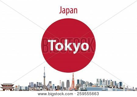 Vector Illustration Of Tokyo City Skyline With Flag Of Japan On Background