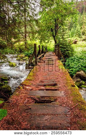 Old Wooden Bridge Over The River In The Tatra Mountains