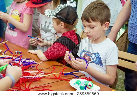 Zaporozhia/ukraine- June 2, 2018: Charity Family Festival - Children  Participating At Art And Craft