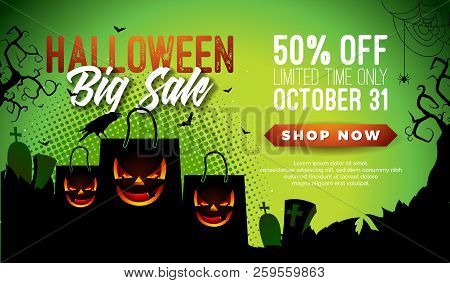 Halloween Sale Vector Banner Illustration With Scary Faced Shopping Bag, Crow, Bats And Cemetery On 