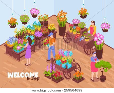 Isometric Florist Background With View Of Indoor Venue And Flover Vendors Selling Bough-pots With Te