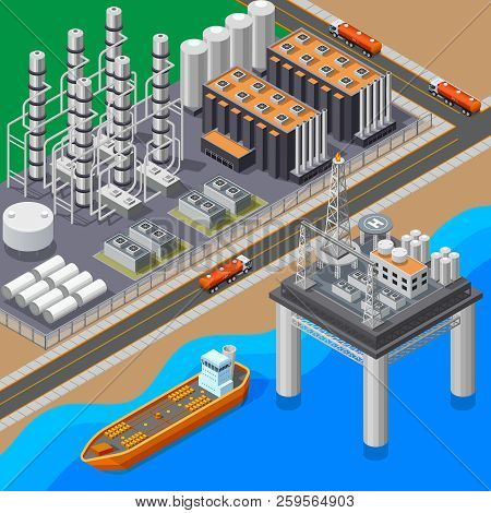 Isometric Composition With Oil Refinery Tanker And Sea Platform 3d Vector Illustration